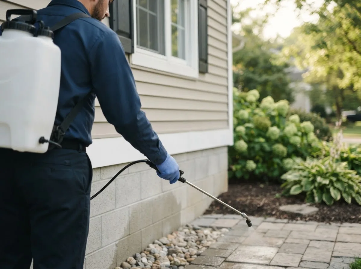 Pest control technician inspecting a home in Southport, ME